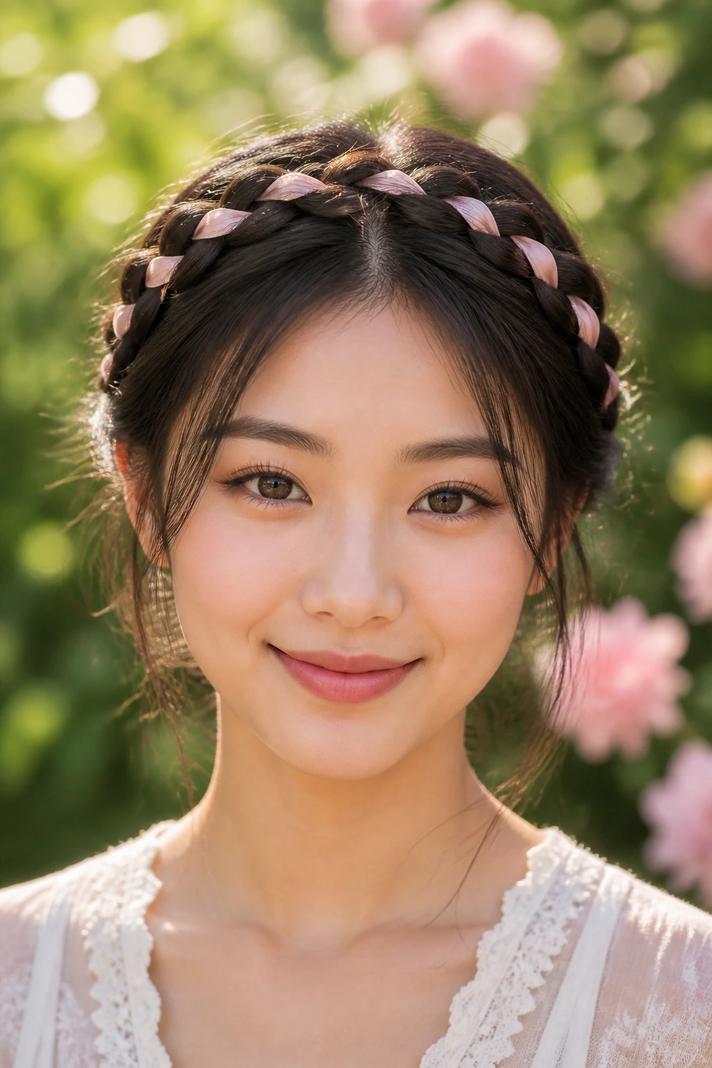 Real woman wearing a crown braid woven with a ribbon around her head.