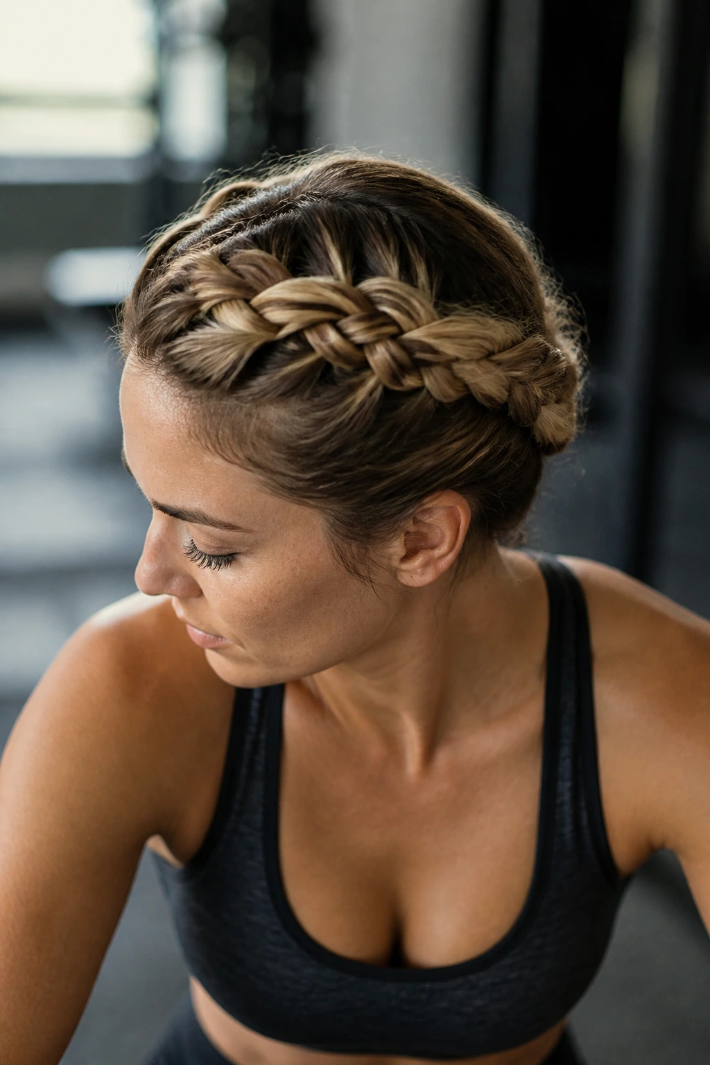 Close-up of crown braid with a modern tuck on a real person.