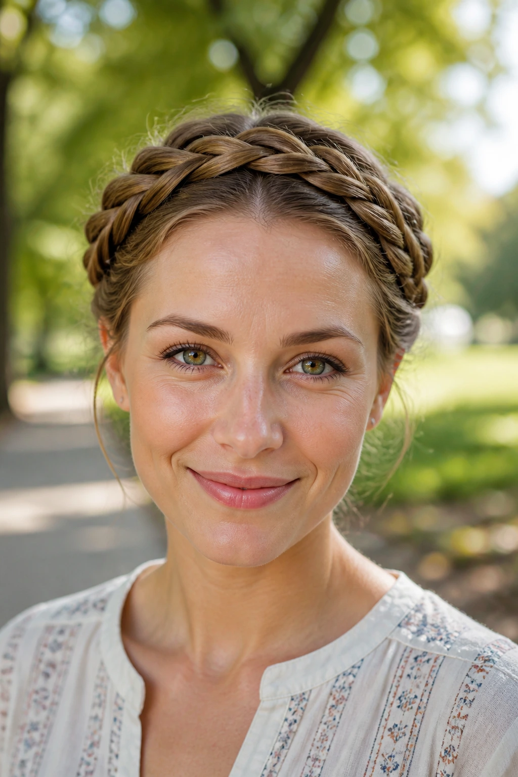 Front portrait of a real woman with crown braids overlapped over the head