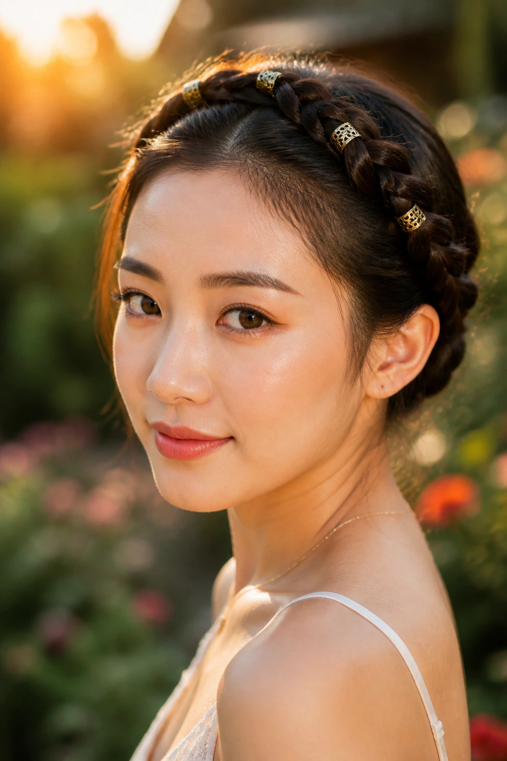 Close-up of a real person with a crown braid and subtle hair cuffs in golden hour light
