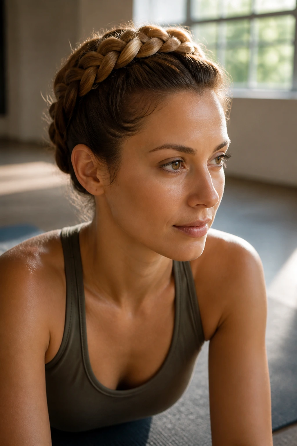 Close-up of a real woman with crown braid around the head on a yoga mat in a sunlit studio