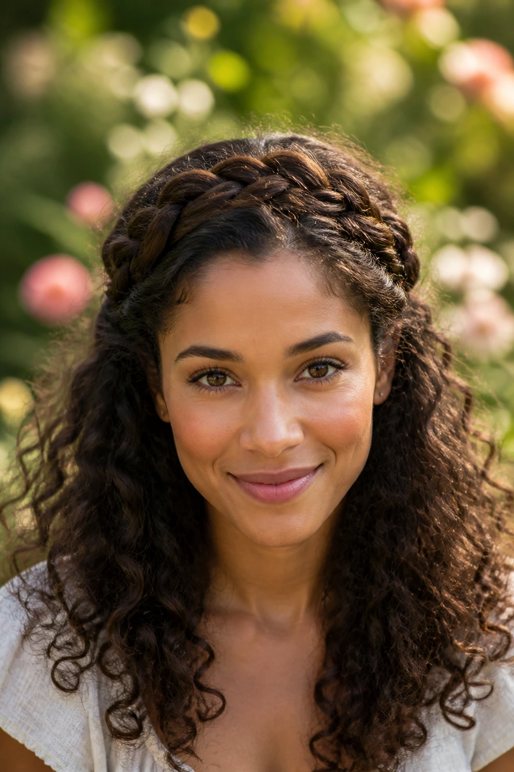 Portrait of a real woman wearing a crown-braided headband across her hair
