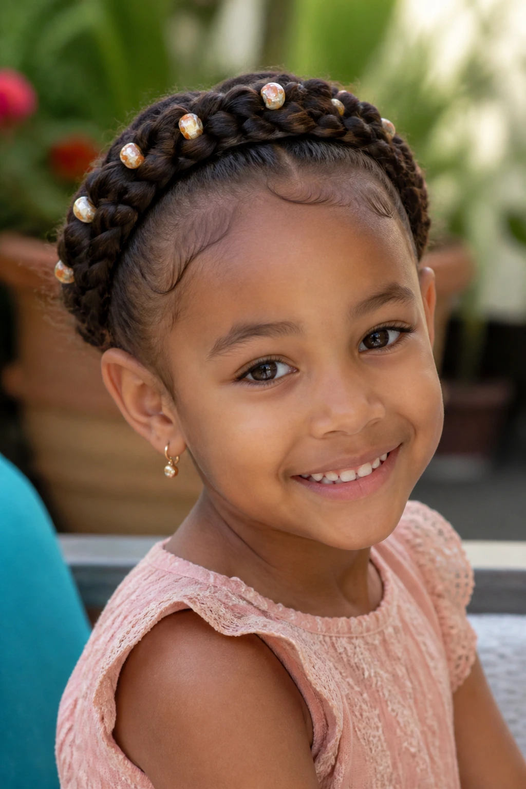 Close-up of a child with crown braids and beads