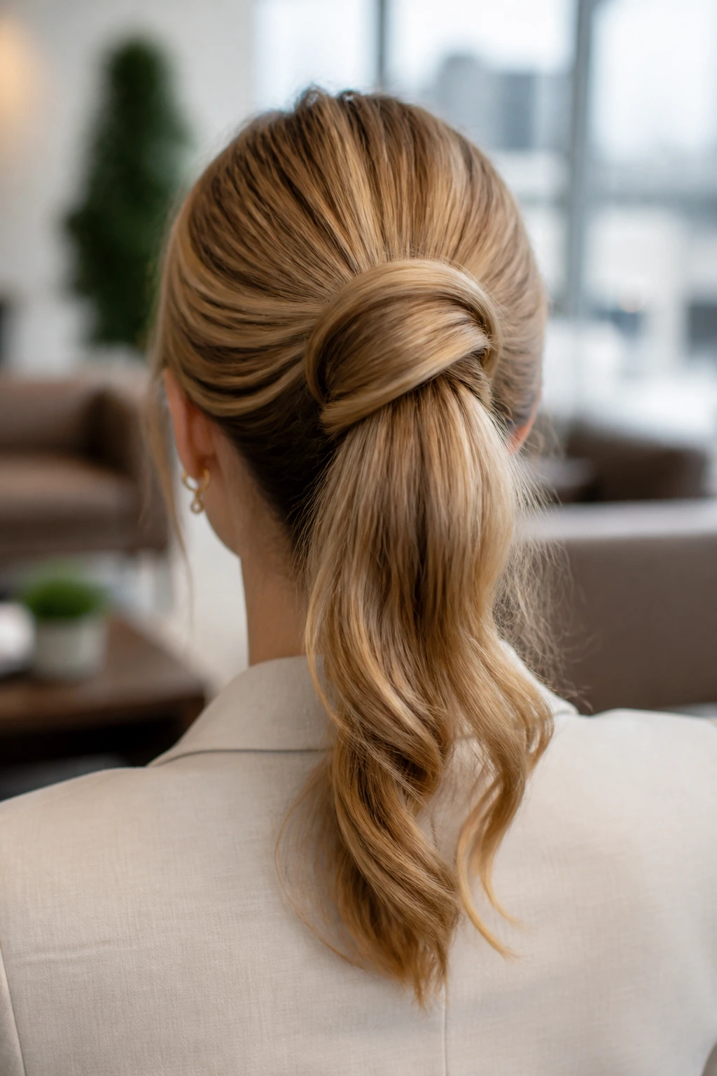 Back view of a woman with a crown fold hairstyle in an office