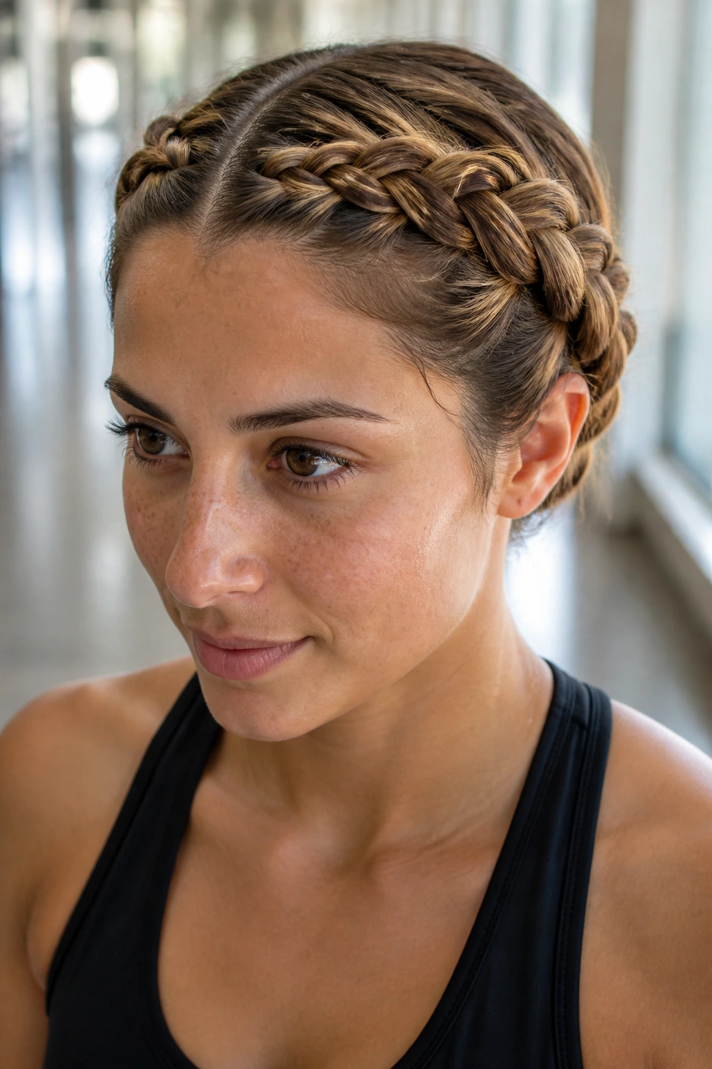 Close-up of a real woman wearing two crown French braids around her head