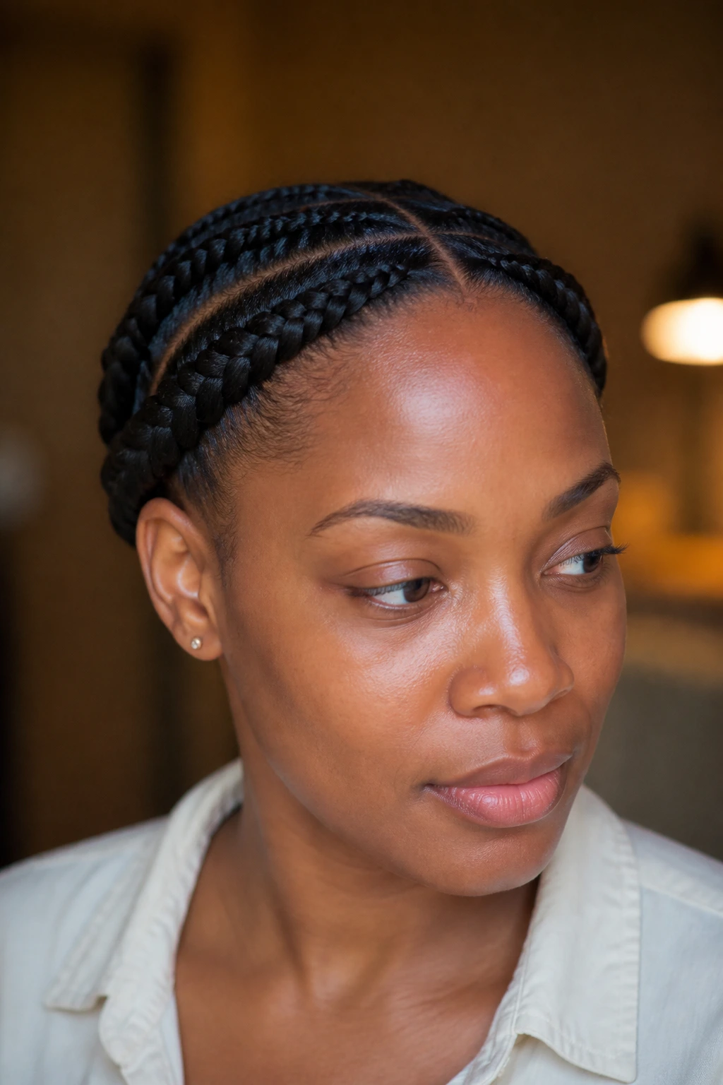Close-up of a real person wearing crown-wrap hairstyle with four braids