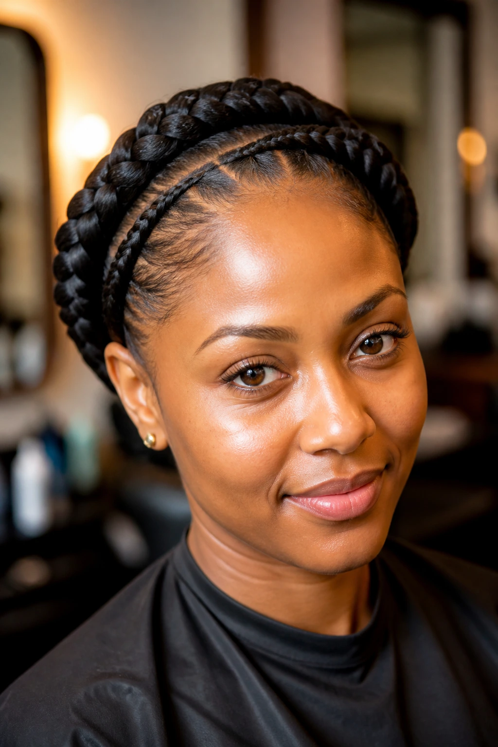 Real woman wearing crown-wrapped thick cornrows forming a halo.