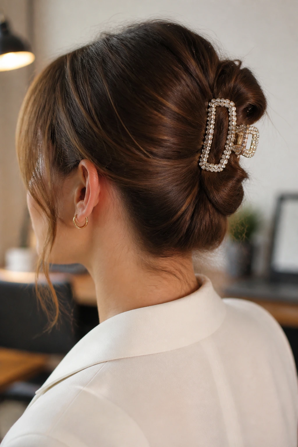 Updo secured with crystal-encrusted claw clip