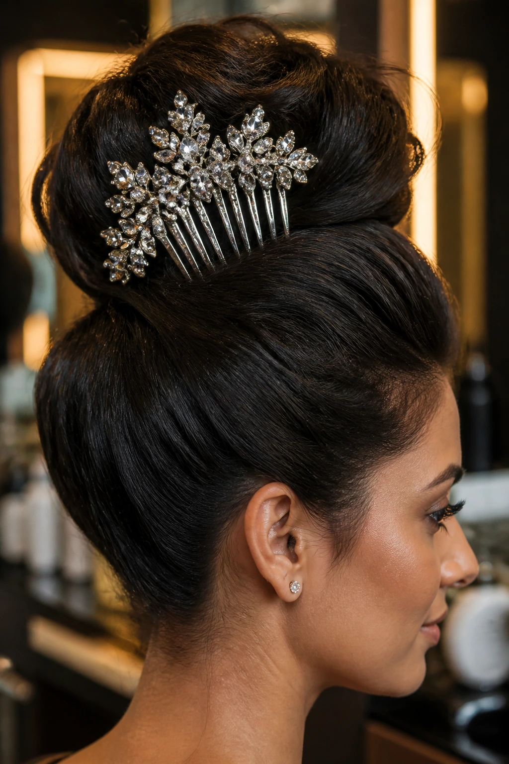 Close-up of a crystal-encrusted hair comb securing a thick updo on a real person