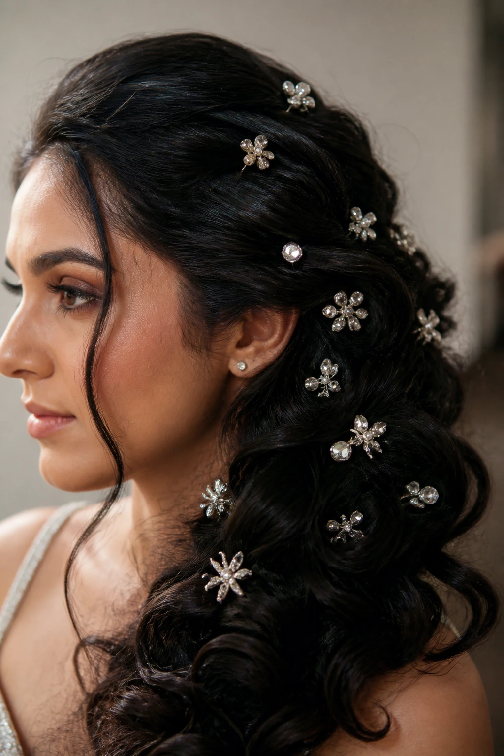 Real woman's thick hair with scattered crystal pins on one side