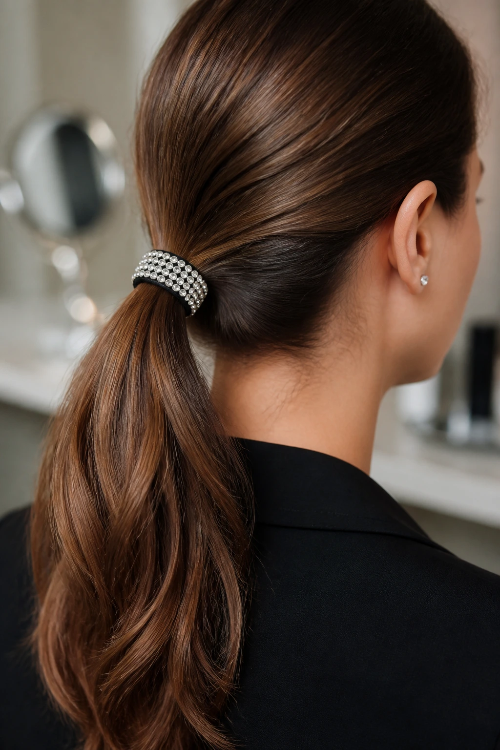 Close-up of crystal-embedded hair ties around a ponytail
