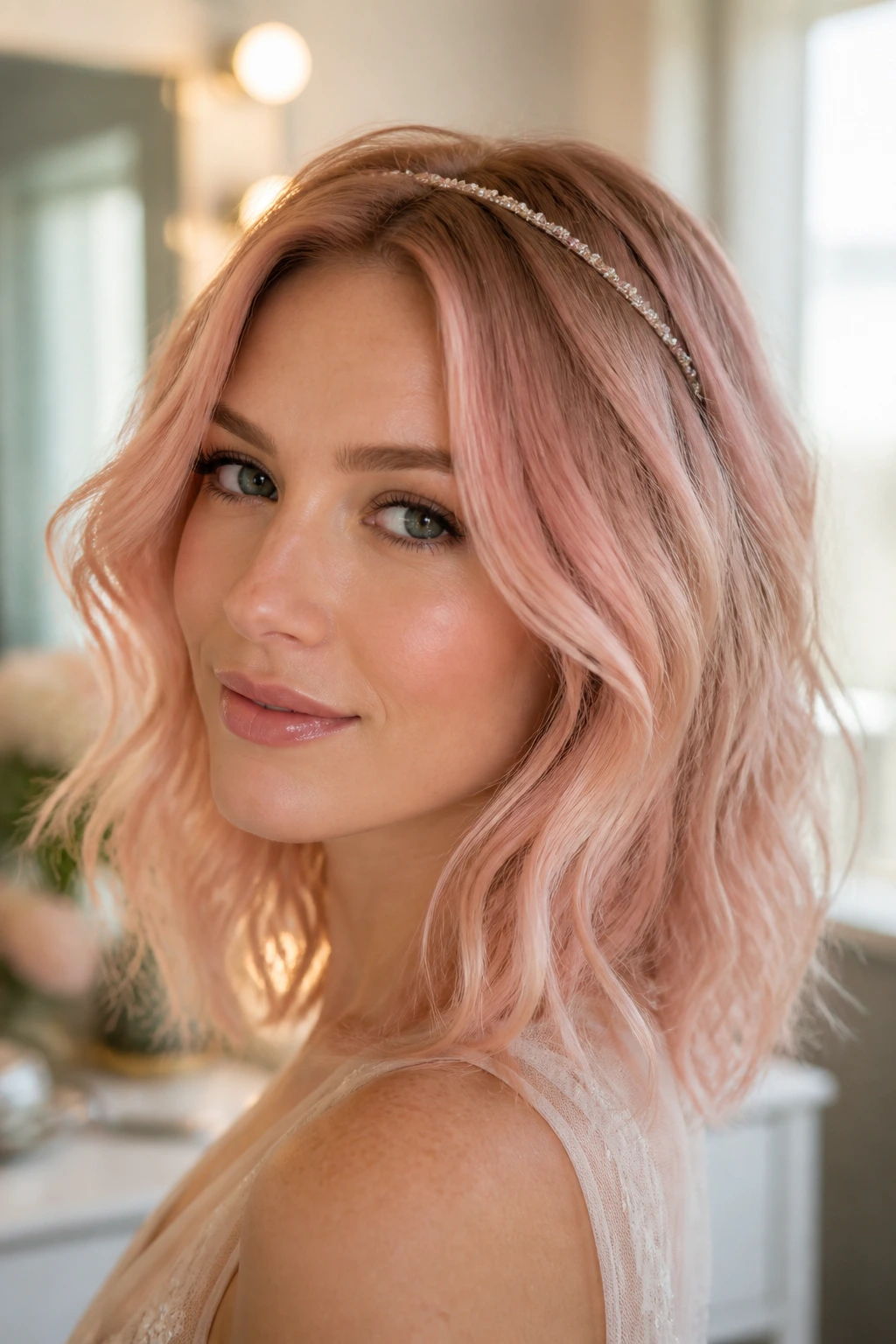 Close-up blush pink waves with crystal headband
