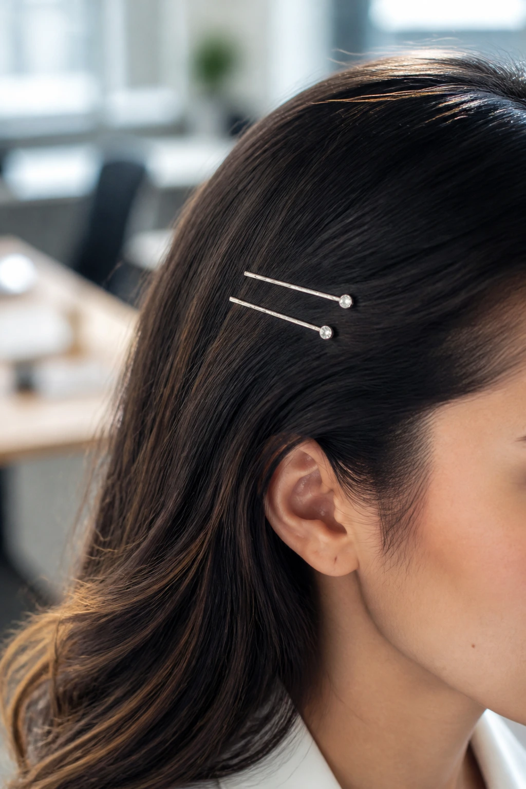 Close-up of minimalist crystal bobby pins securing hair at the temple in an office setting