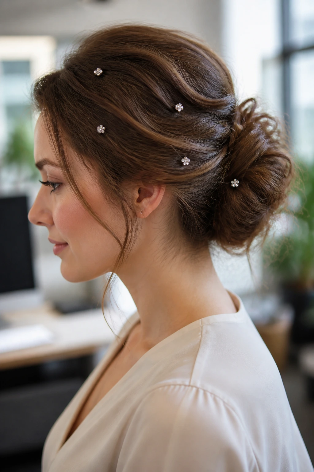 Loose low bun with scattered crystal pins highlighting a starlight effect