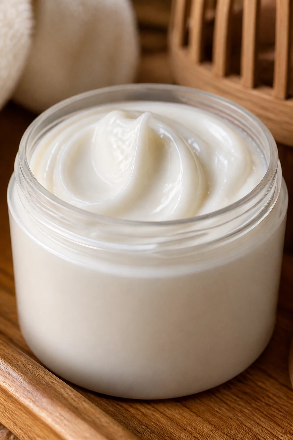 Unlabeled hydrating curl cream bottle on a wooden bathroom shelf.
