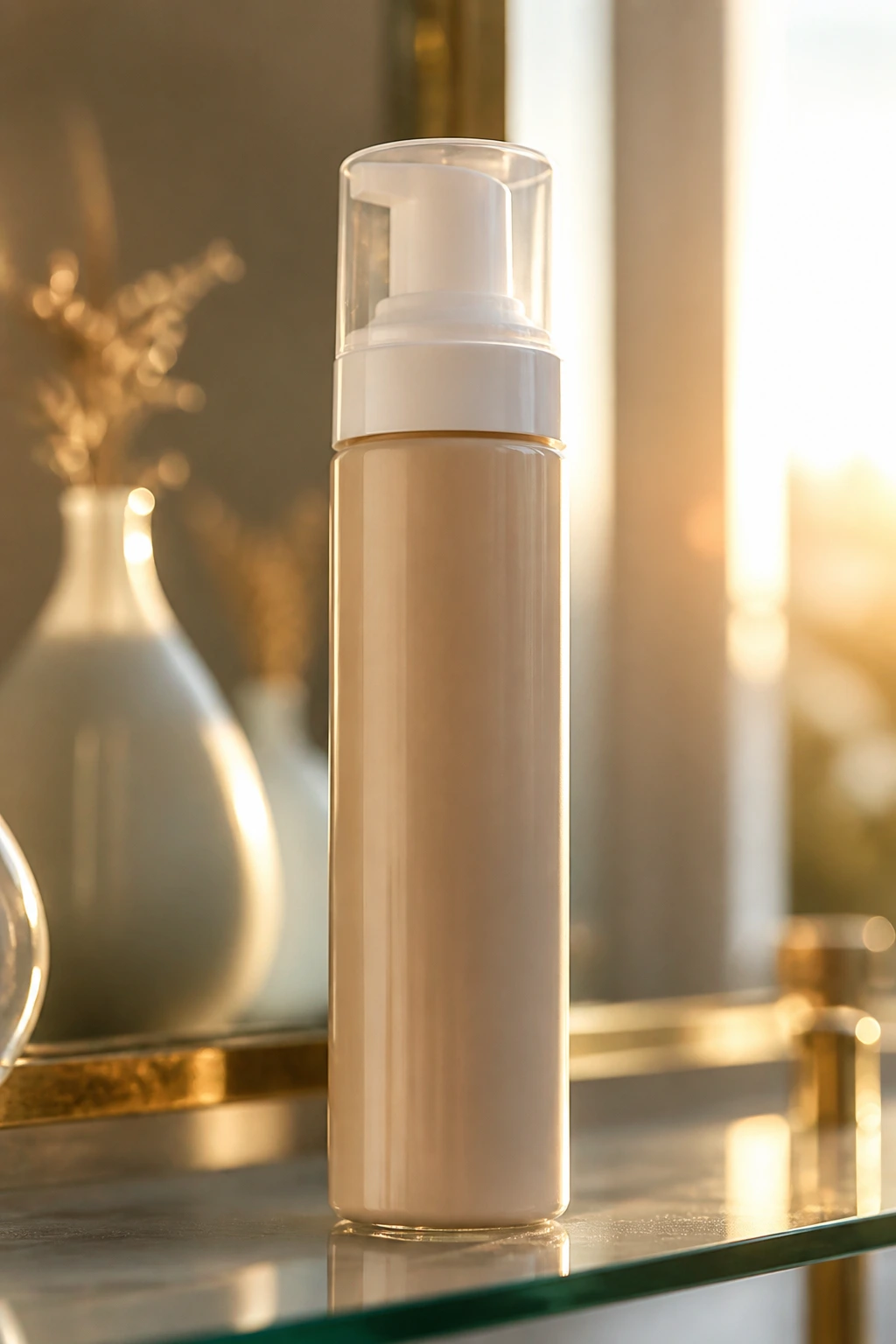 Unlabeled curl defining mousse bottle on vanity with warm light.