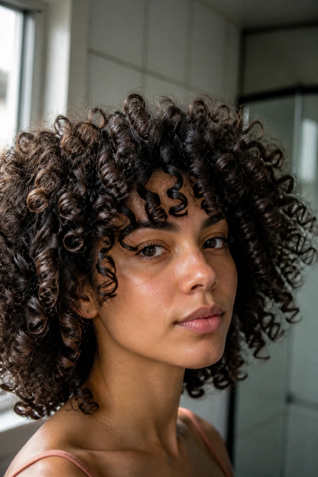 Close-up portrait of a real person showing curl pattern and porosity with textured curls
