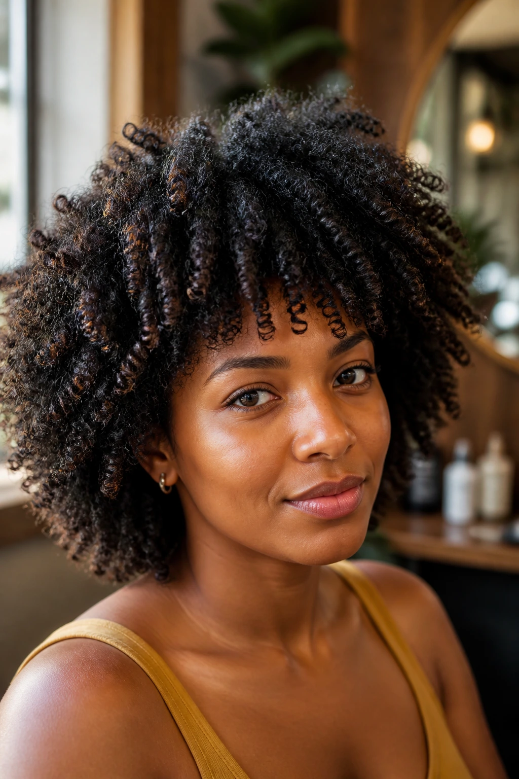Close-up of a real person with natural curls showing curl pattern in the dry state