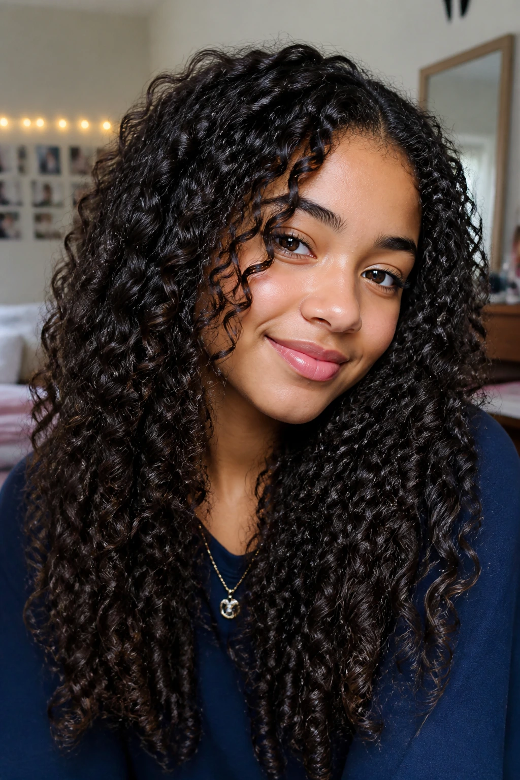 Curly-haired student with defined, shiny curls after a refresh
