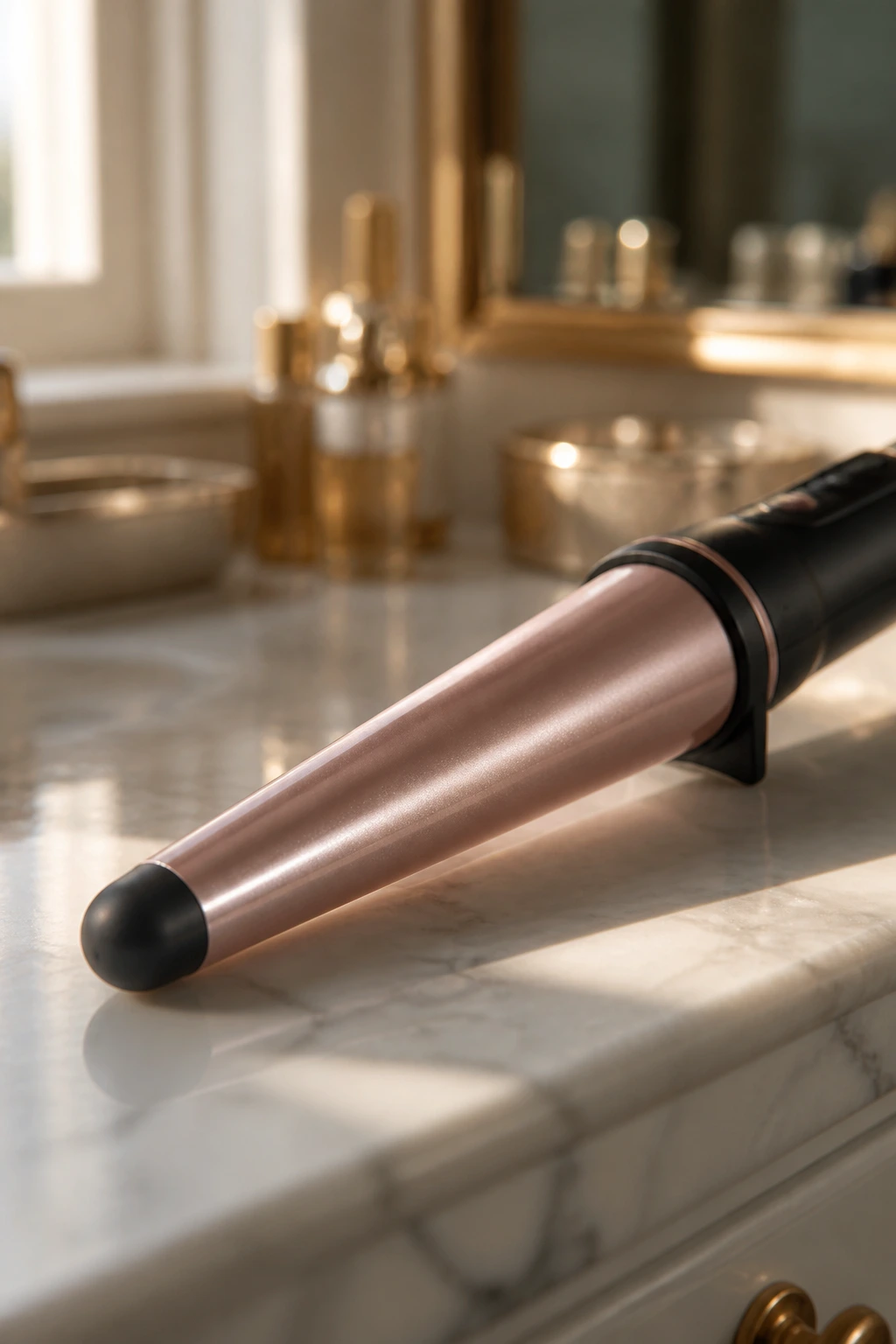 Close-up of a premium curling wand with ceramic barrel and tourmaline shine on a marble counter