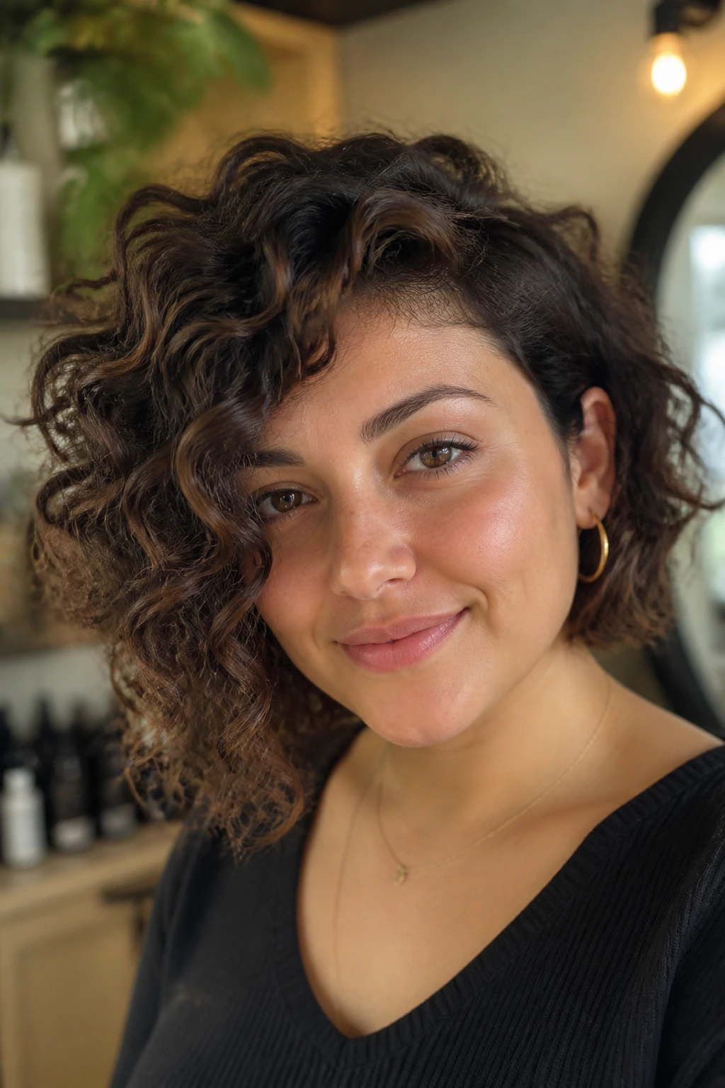 Close-up portrait of a real person with curly asymmetrical bob and defined curls