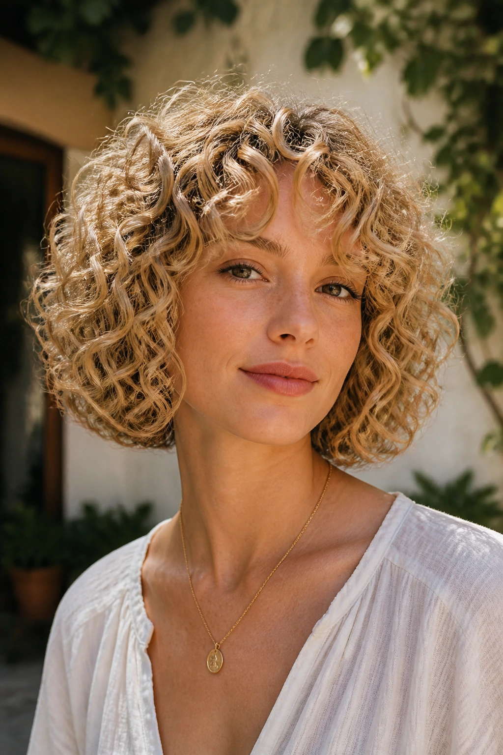 Portrait of a woman with a curly blonde bob in sunny outdoor light.
