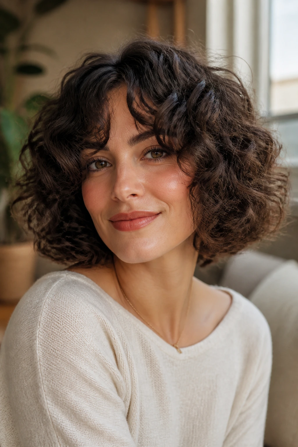 Close-up of a real woman with a curly bob and bangs.