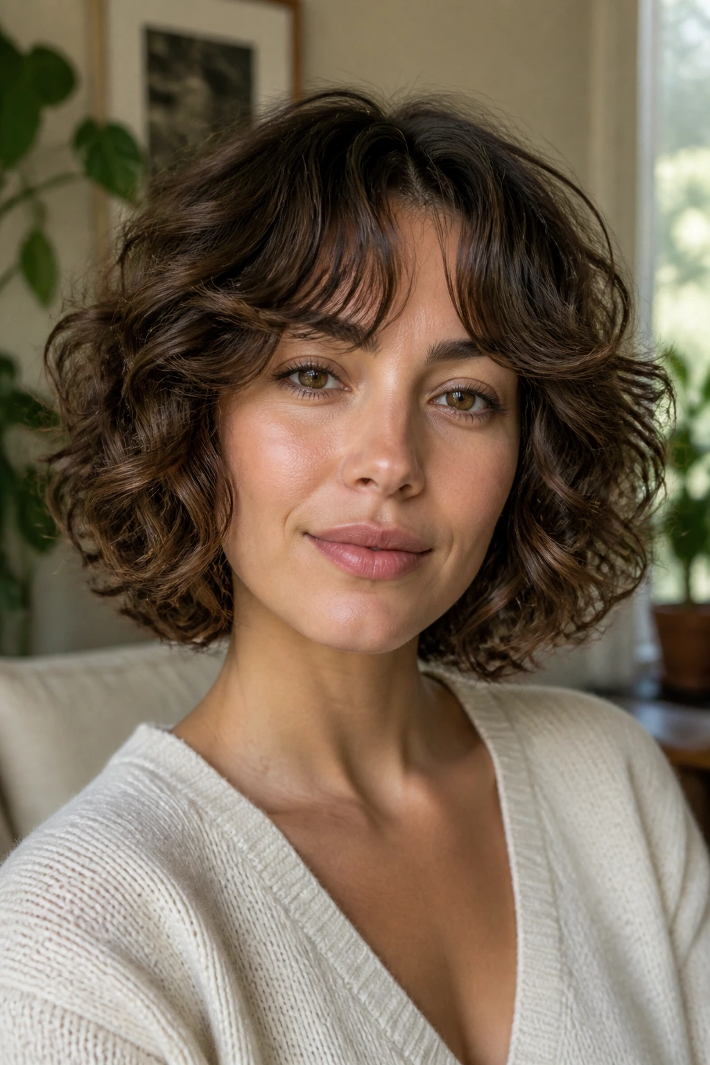 Close-up of a woman with a curly bob and rounded curtain bangs