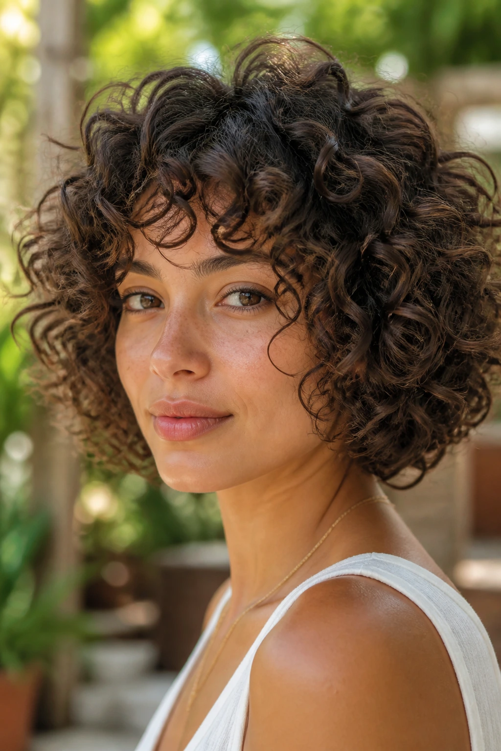 Close-up of a real woman with thick curls forming a rounded curly bob