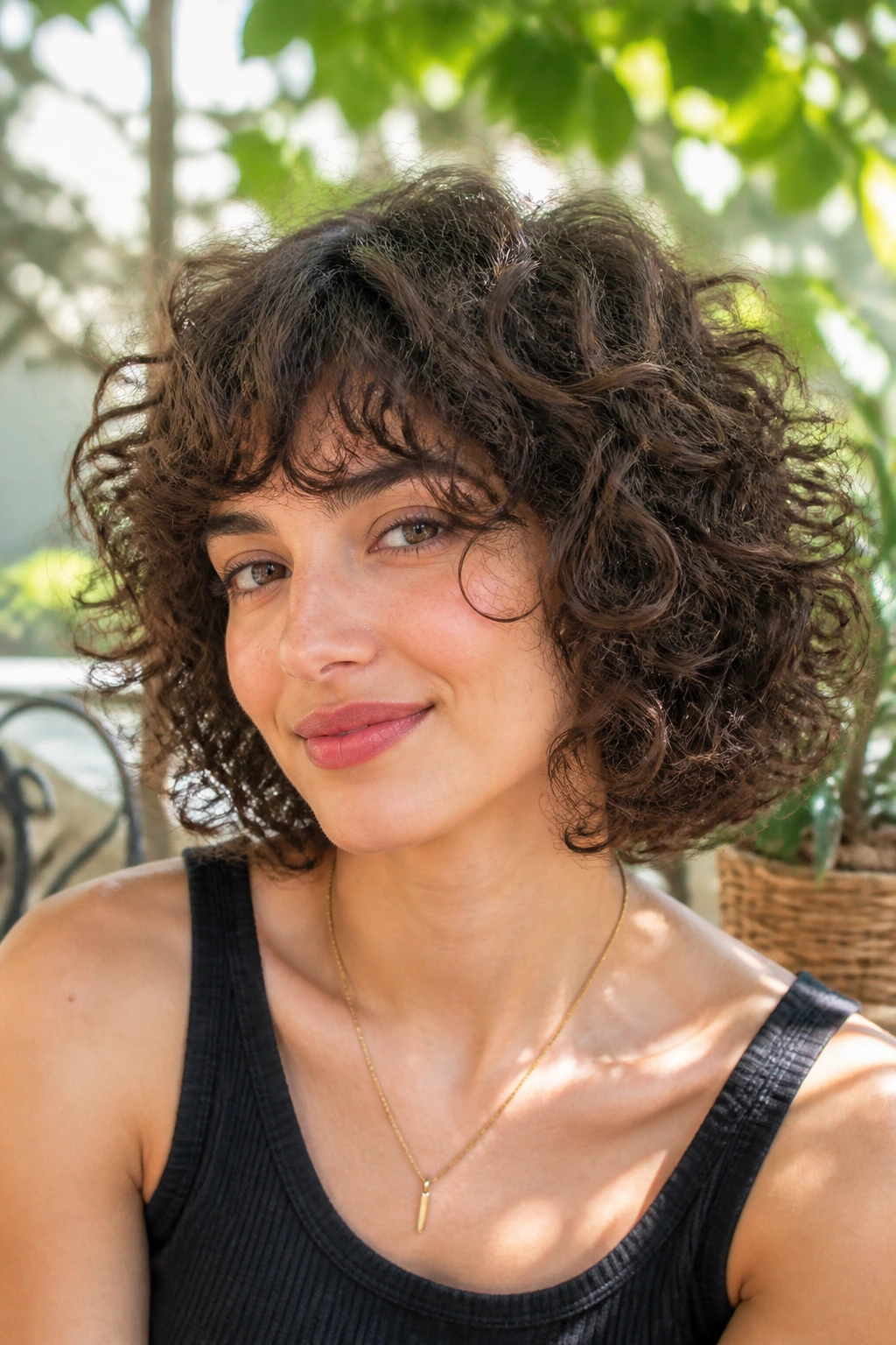 Portrait of a real woman with a curly shaggy bob and bouncy curls.