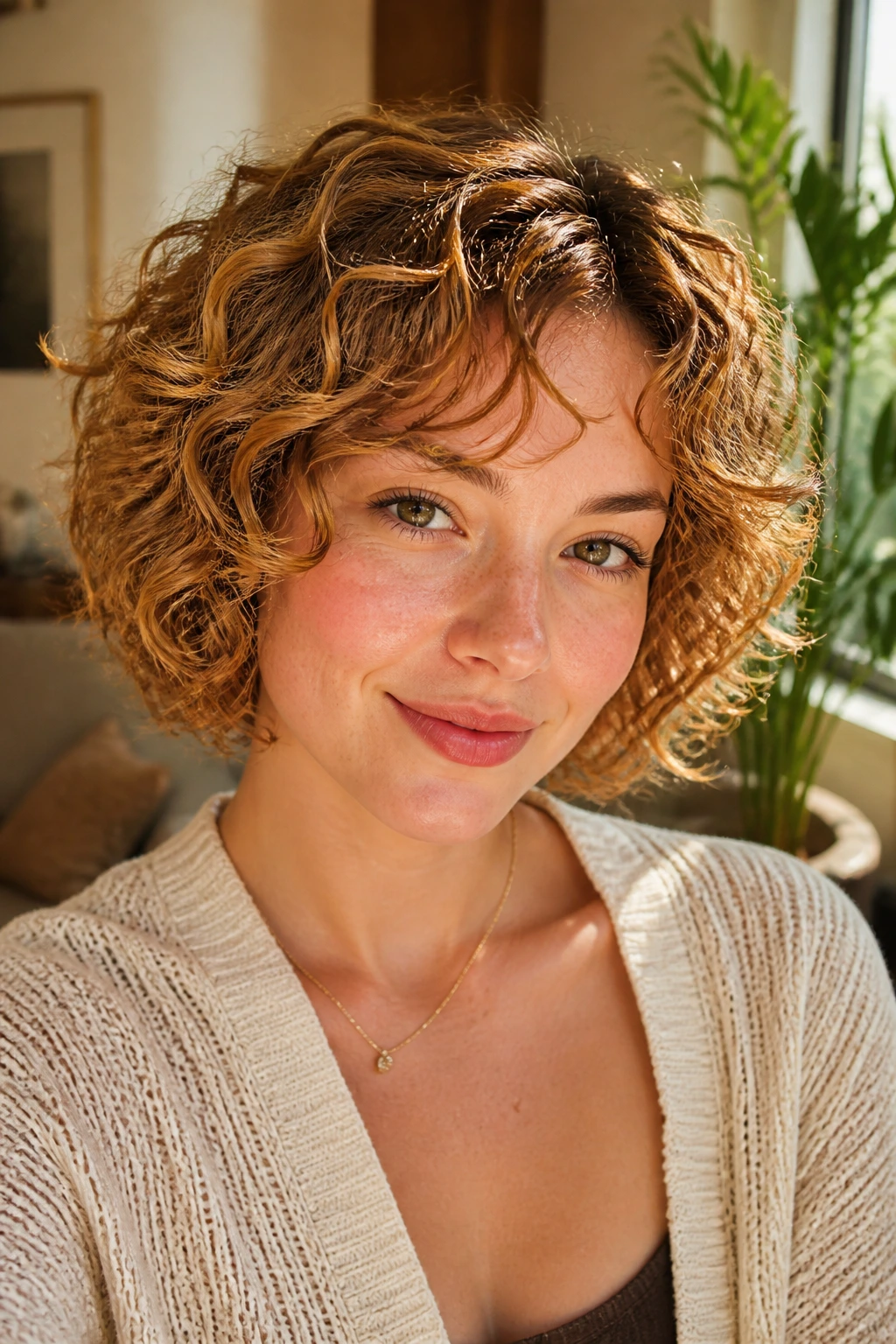 Real woman with curly bob and strawberry blonde highlights in warm daylight.