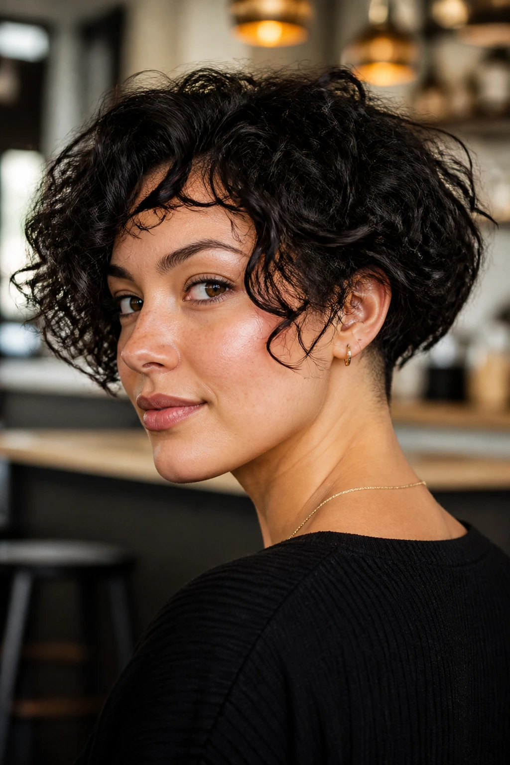 Close-up of a real person with curly bob and nape undercut