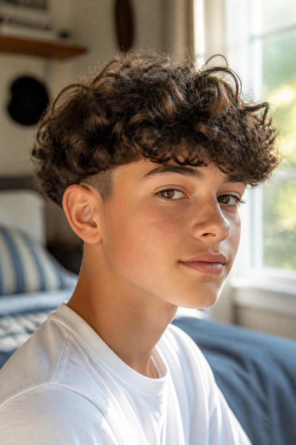 Close-up portrait of a real boy with curly bowl cut in warm daylight
