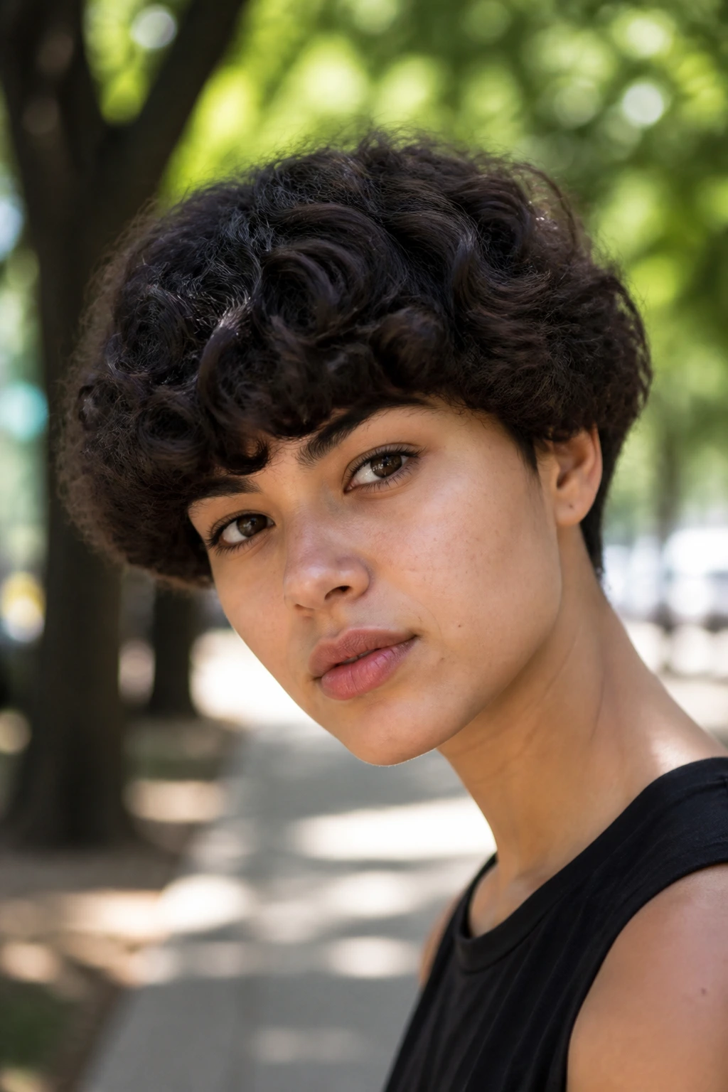 Close-up of a real person with a curly bowl cut