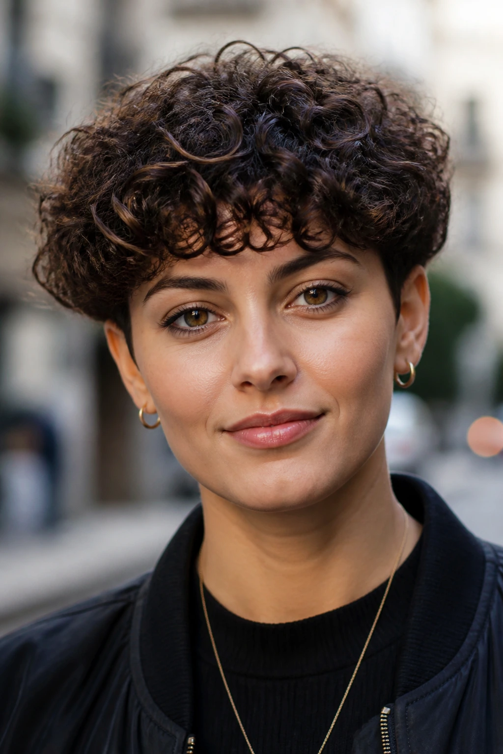 Portrait of a real person with a curly bowl cut hairstyle
