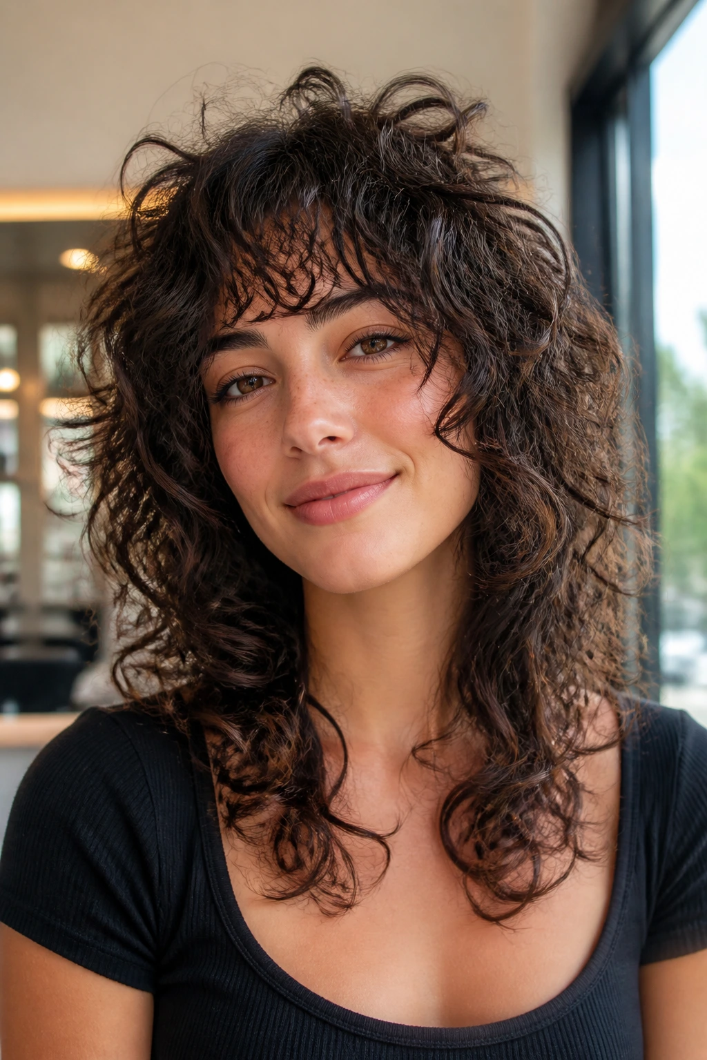 Close-up portrait of a real woman with crown-volume curly butterfly shag hairstyle.
