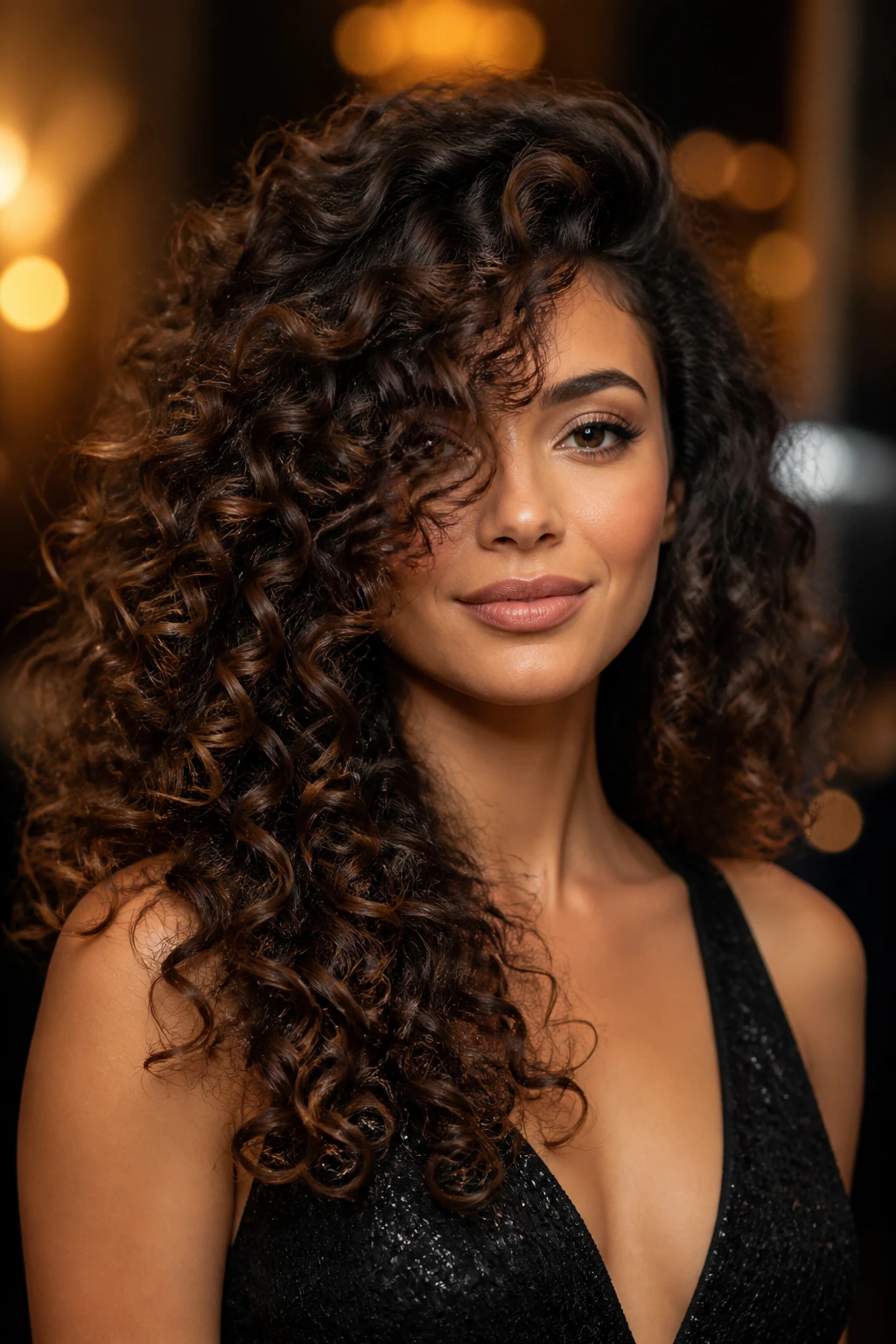 Medium close-up of a real woman with deep side-parted curly butterfly layers