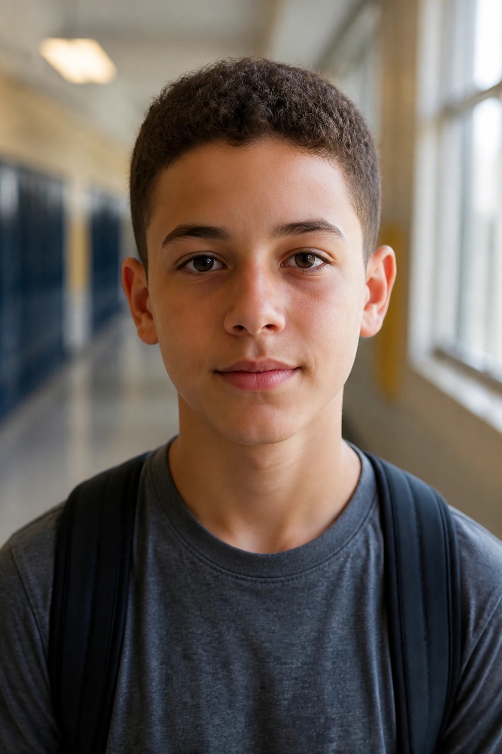 Boy with curly buzz cut, short textured top.