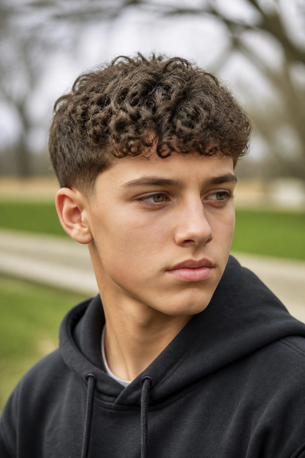 Boy with curly Caesar cut, short all over and rounded silhouette.