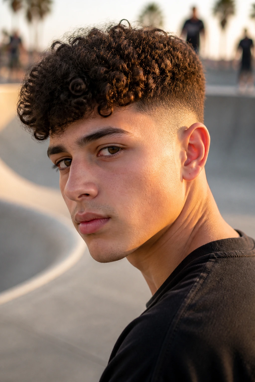 Close-up of teenage boy with curly crop and fade in golden hour outdoor setting
