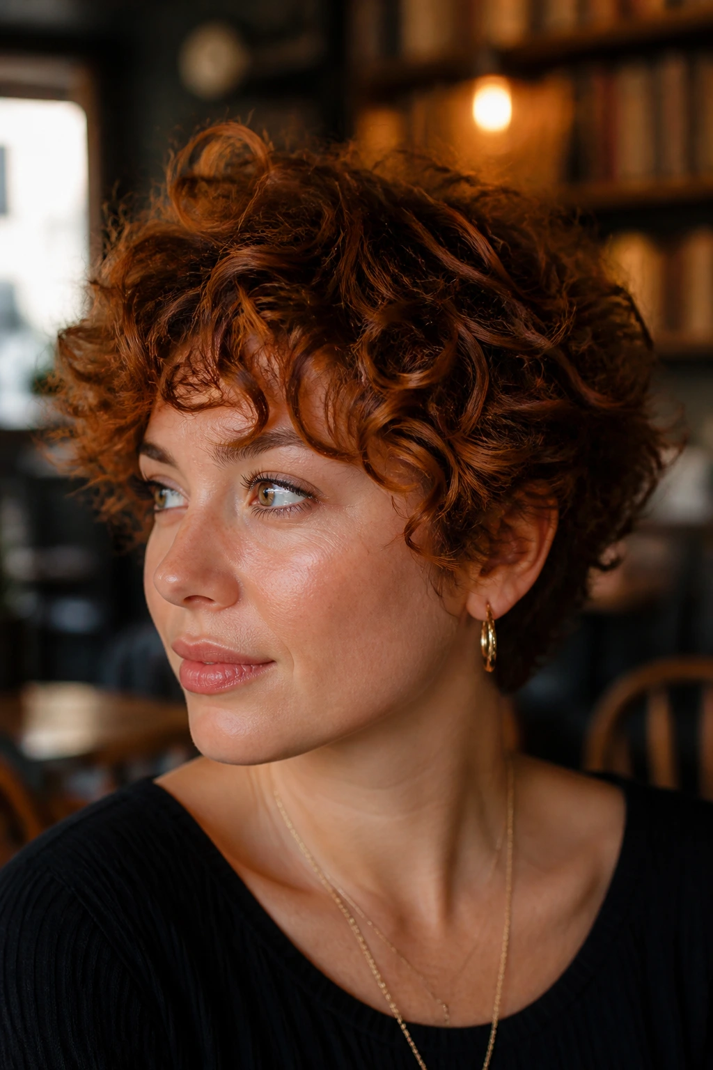 Close-up portrait of a real woman with a messy curly crop and spiced rust highlights