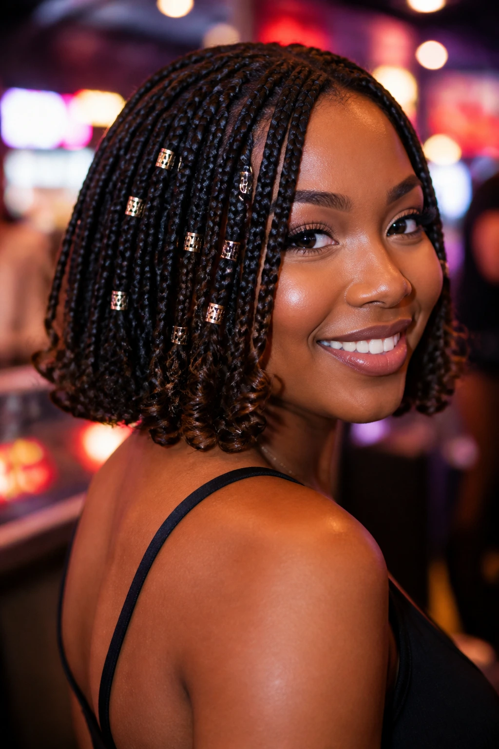 Close-up of a real woman with a short braided bob featuring metallic cuffs in a modern date-night venue.