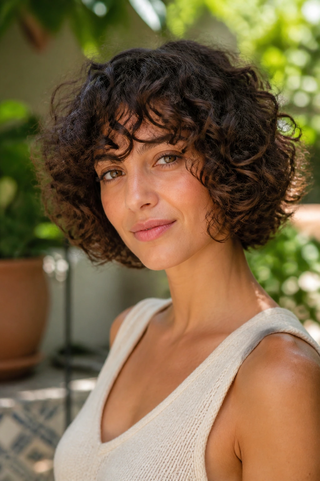 Close-up of a real woman with a curly-cut bob and defined curls