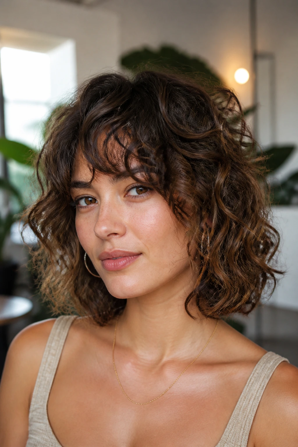 Portrait of a woman with curly-cut shag bob and loose waves