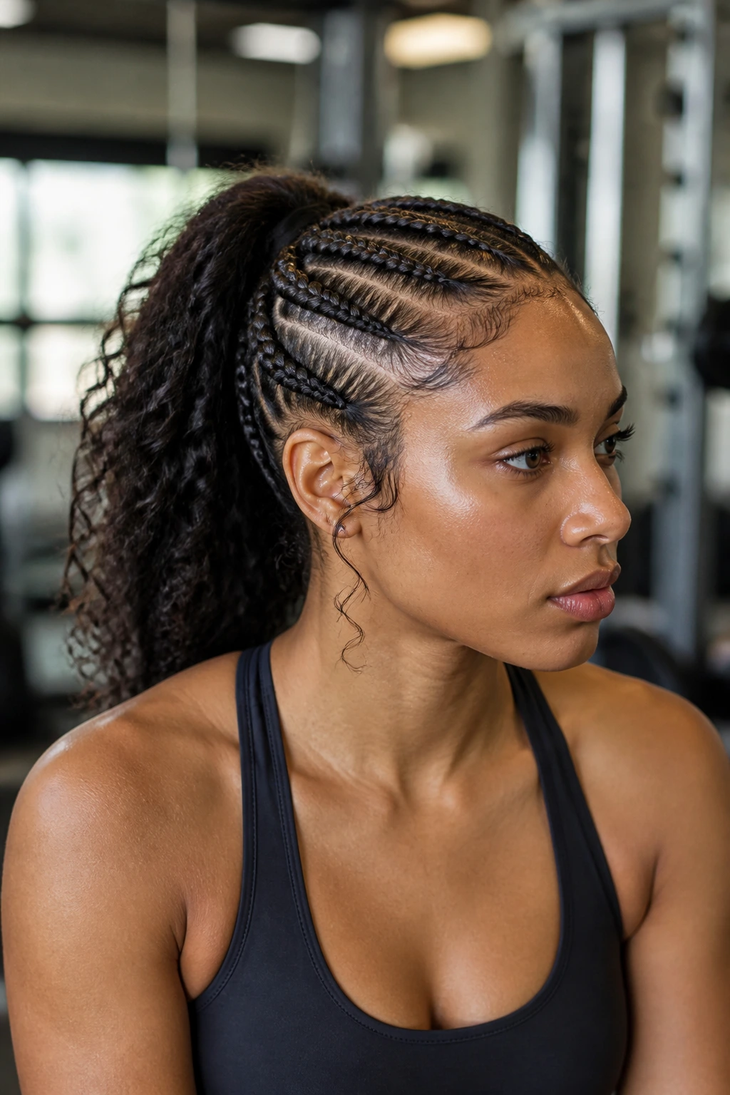 Close-up of goddess cornrows with curly ends on a real woman during workout.