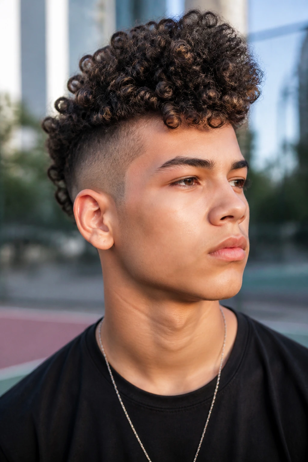 Teen with curly faux hawk hairstyle portrait outdoors