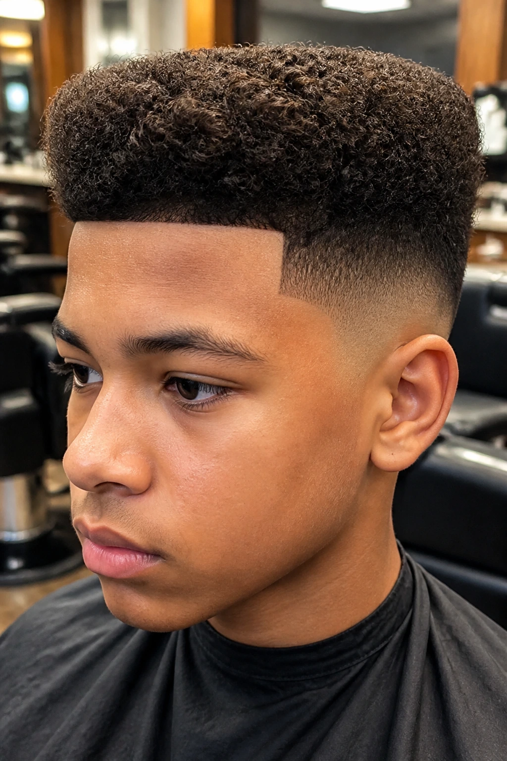 Close-up portrait of a real boy with a curly flat top in barber shop lighting
