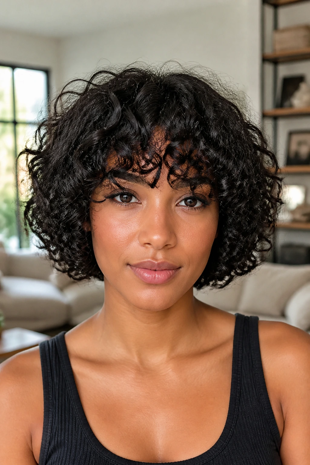 Close-up of curly-fringe bob on real person showing bangs and curls