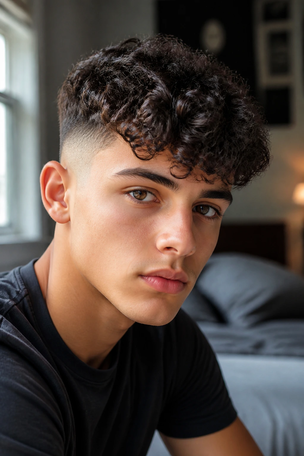 Close-up portrait of a boy with a curly fringe and faded sides.