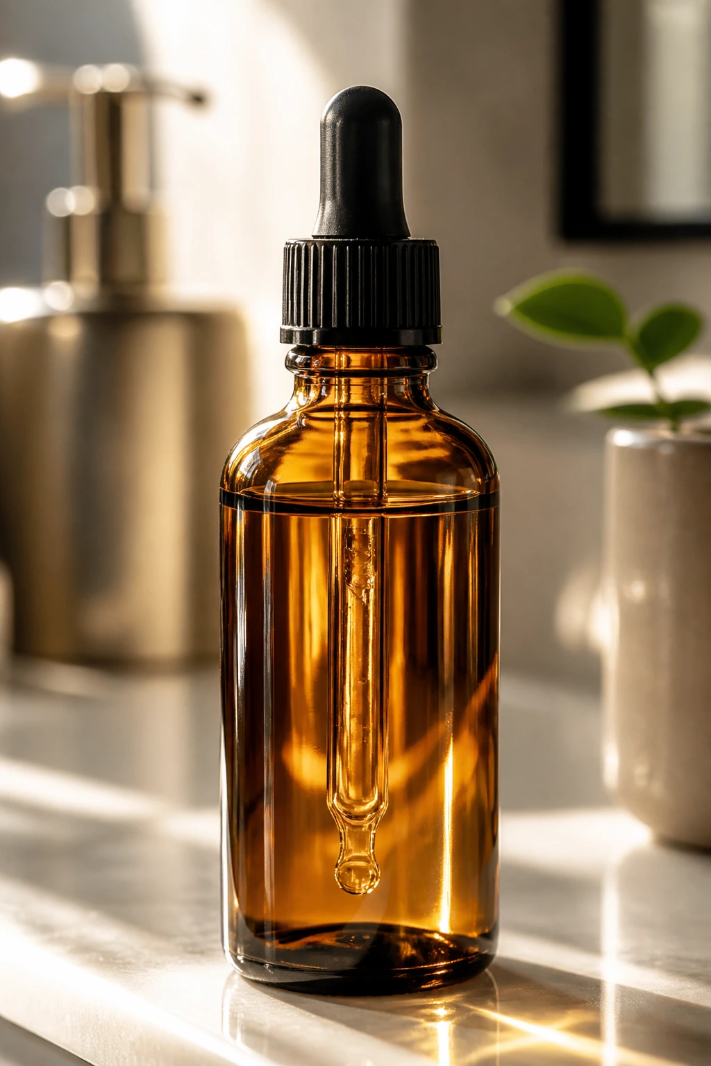 Close-up of amber bottle with clear liquid in a bathroom setting, no label